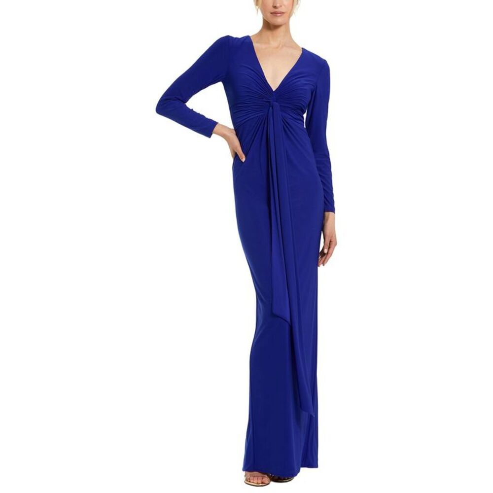 Mac Duggal Womens Long Sleeve Jersey V Neck Twist Knot Gown